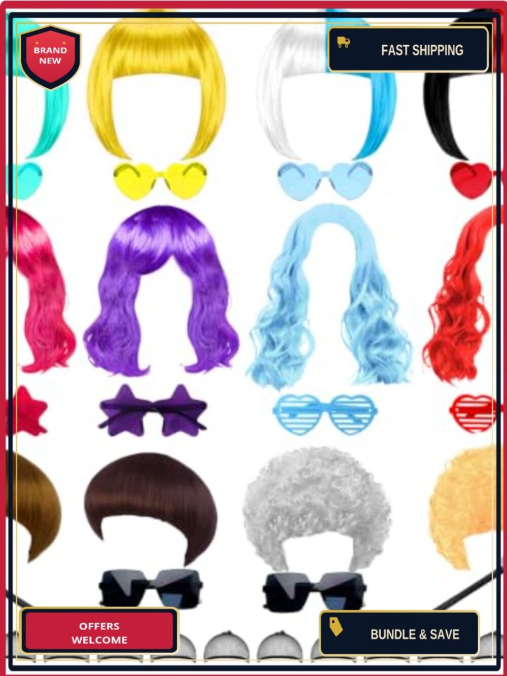 12 Piece Funny Wigs Set with Sunglasses & Microphones for Costume Parties